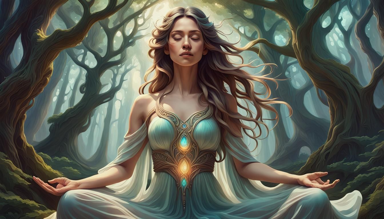 Woman Meditating in Enchanted Forest Concept Art