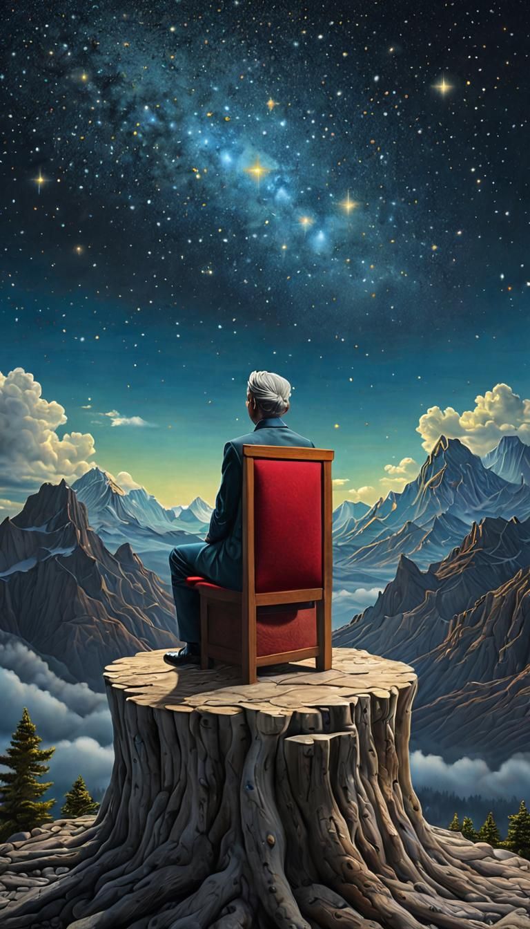 Surreal God Contemplates Ephemeral Nature in the Starry Sky