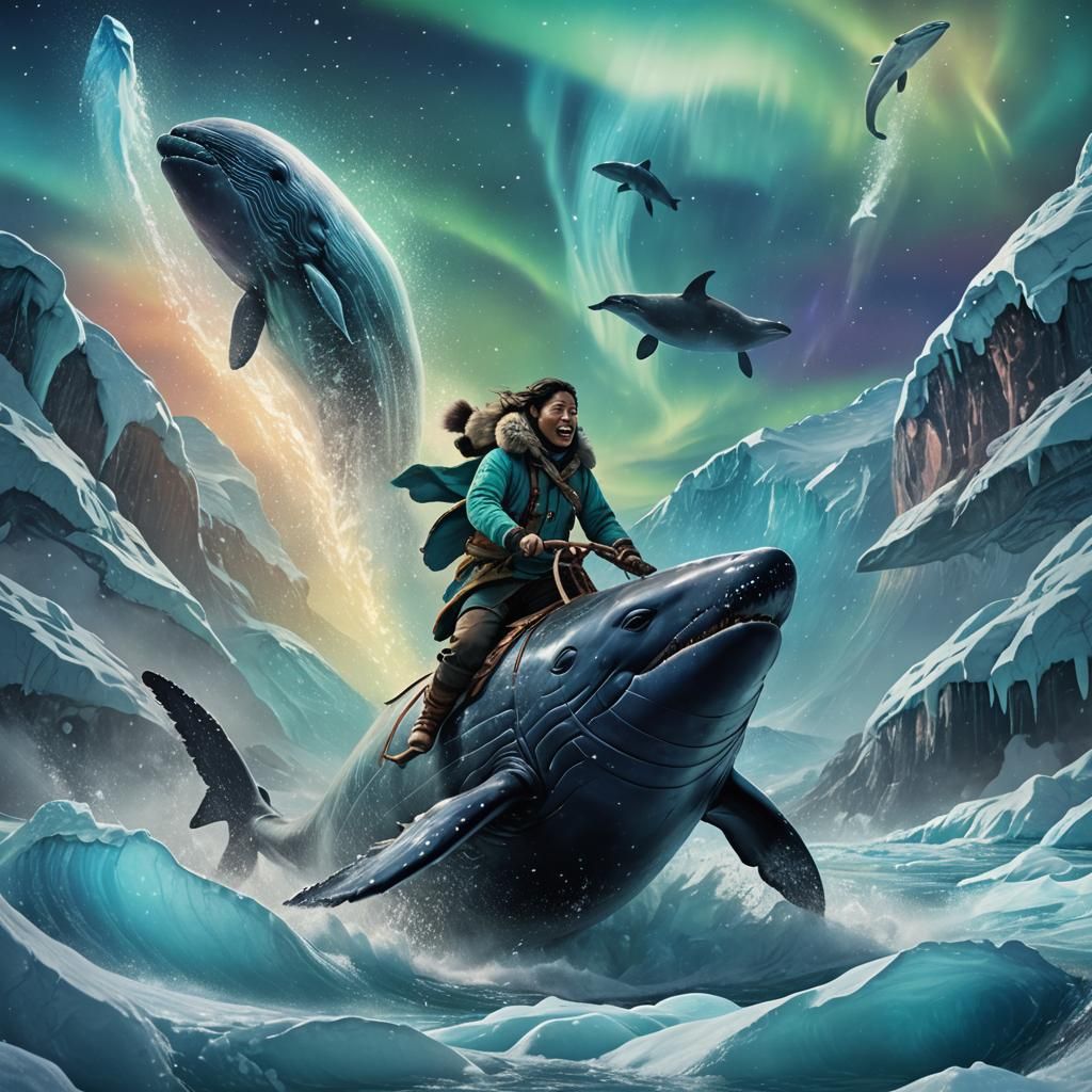 Inuit Whale Rider in Icy Waters, Digital Painting