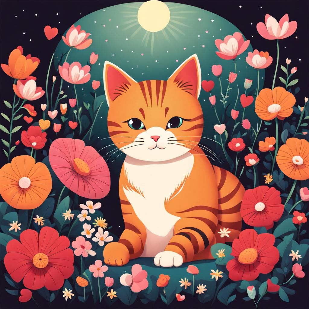 Cute Cat Surrounded by Flowers in Naive Art Style