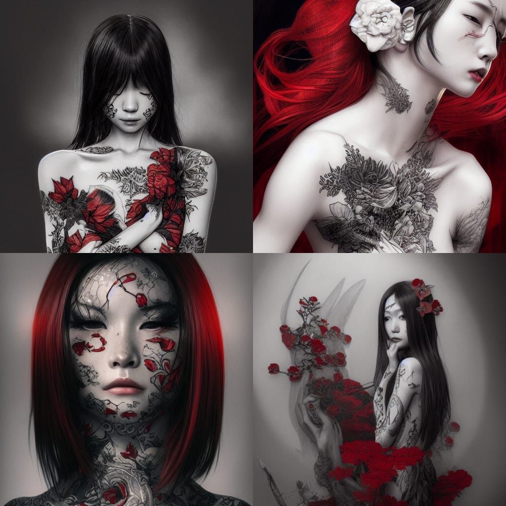 Elegant Japanese Girl with Intricate Tattoo, Hyper-Realistic