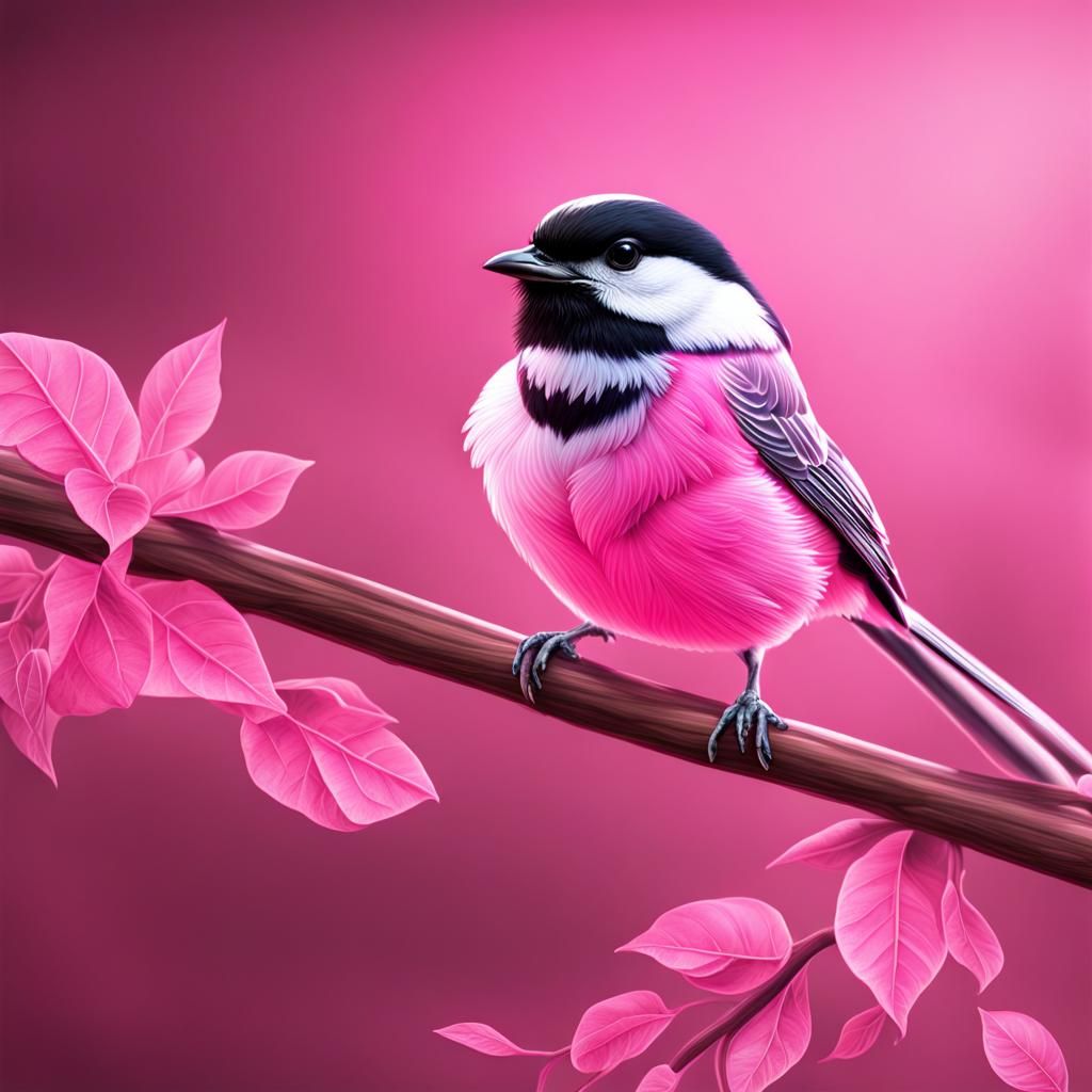 Pink Chickadee on Branch: Detailed Airbrush Art