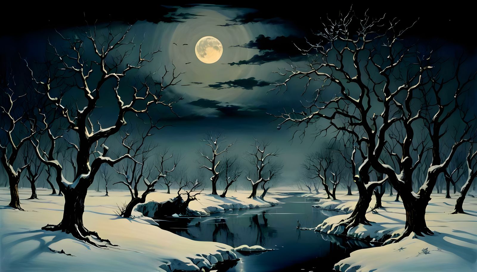 Surreal Winter Landscape Under Dark Moon