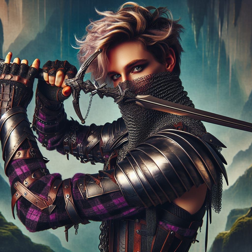 Androgynous Warrior in Plaid Armor with Sword