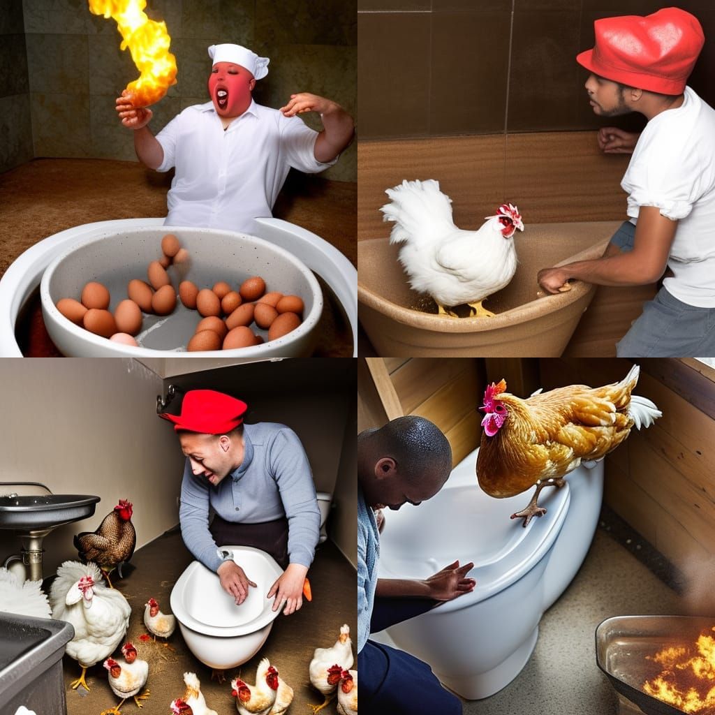 Chickens Laying Eggs on Man's Head in Toilet