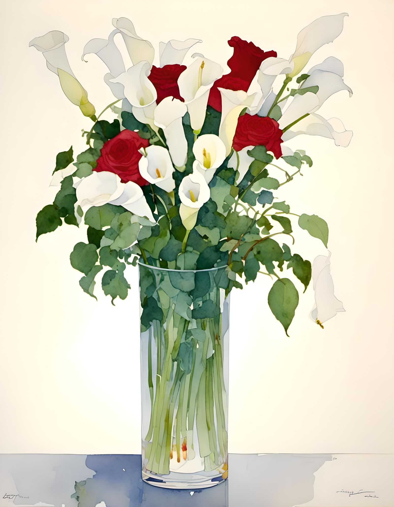 Watercolor Vase with Roses and Lilies