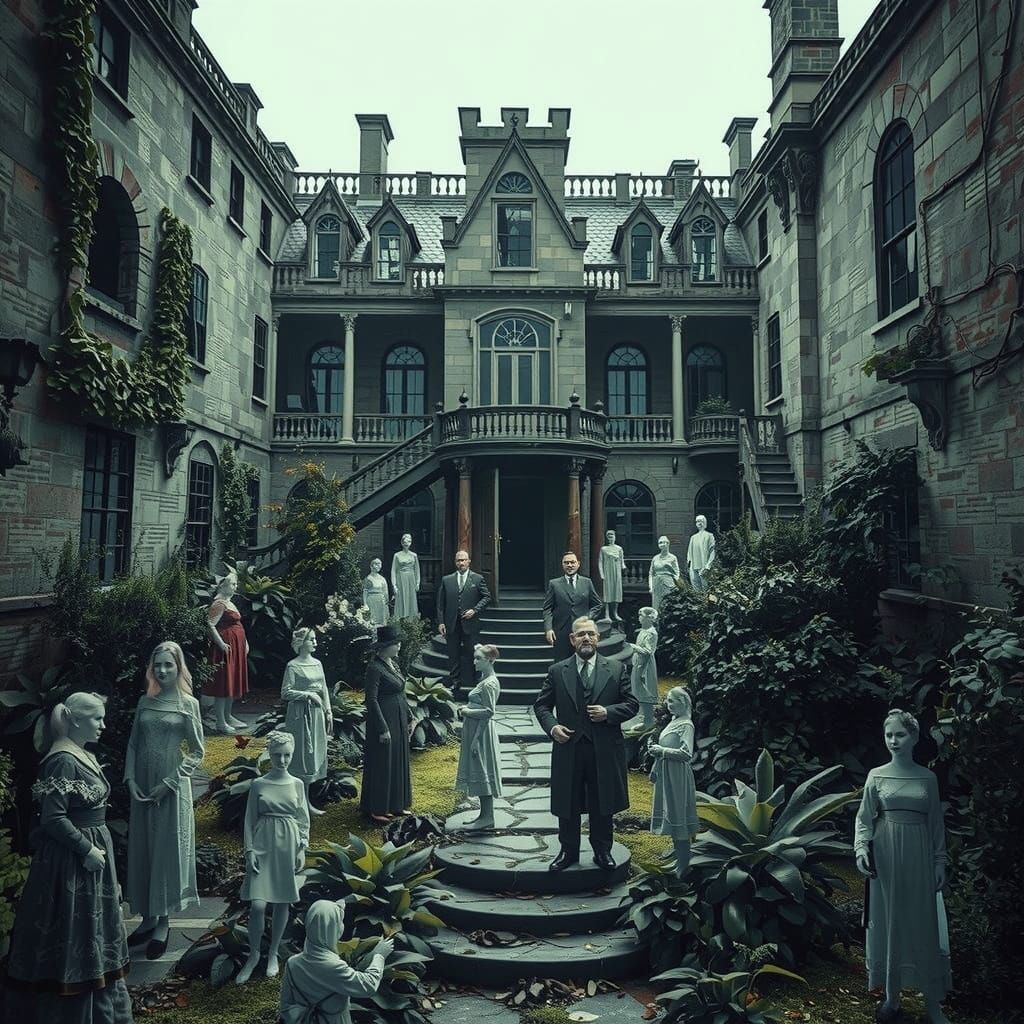 Man in Suit Surrounded by Ghostly Figures in Overgrown Garde...