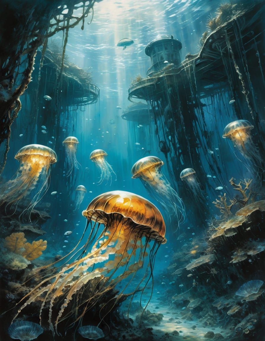 Jellyfish in Kelp Forest: Comic Book Fantasy Art