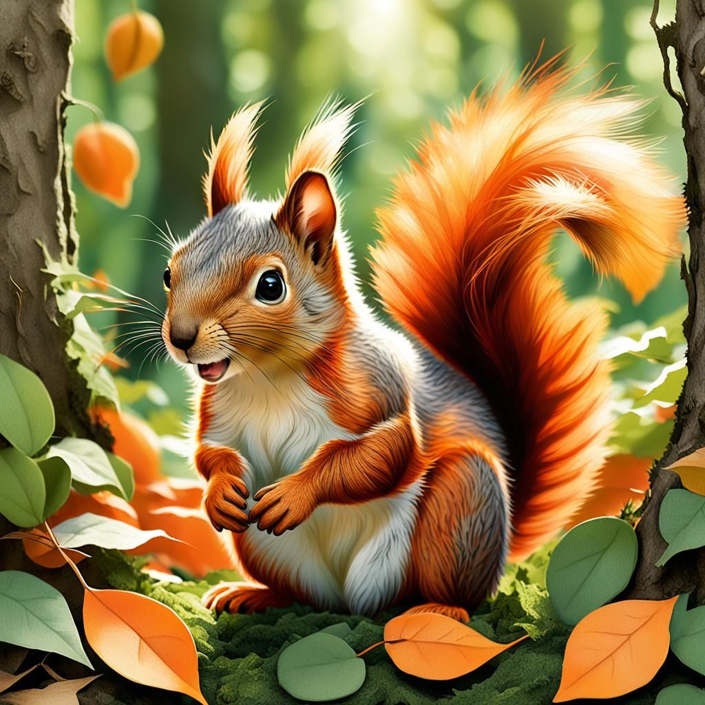 Relaxing Squirrel in Autumn Leaves, Children's Book Illustra...