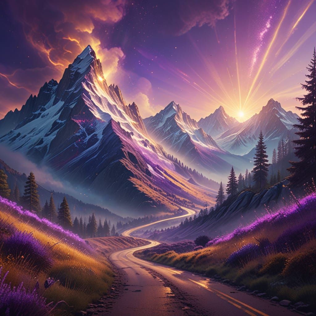 Road to Majestic Mountains in Golden Light
