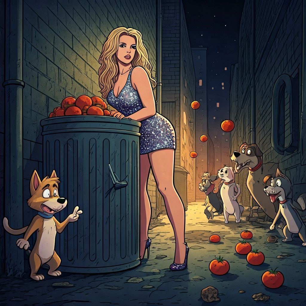 Glittery Britney Hides from Cartoonish Tomatoes