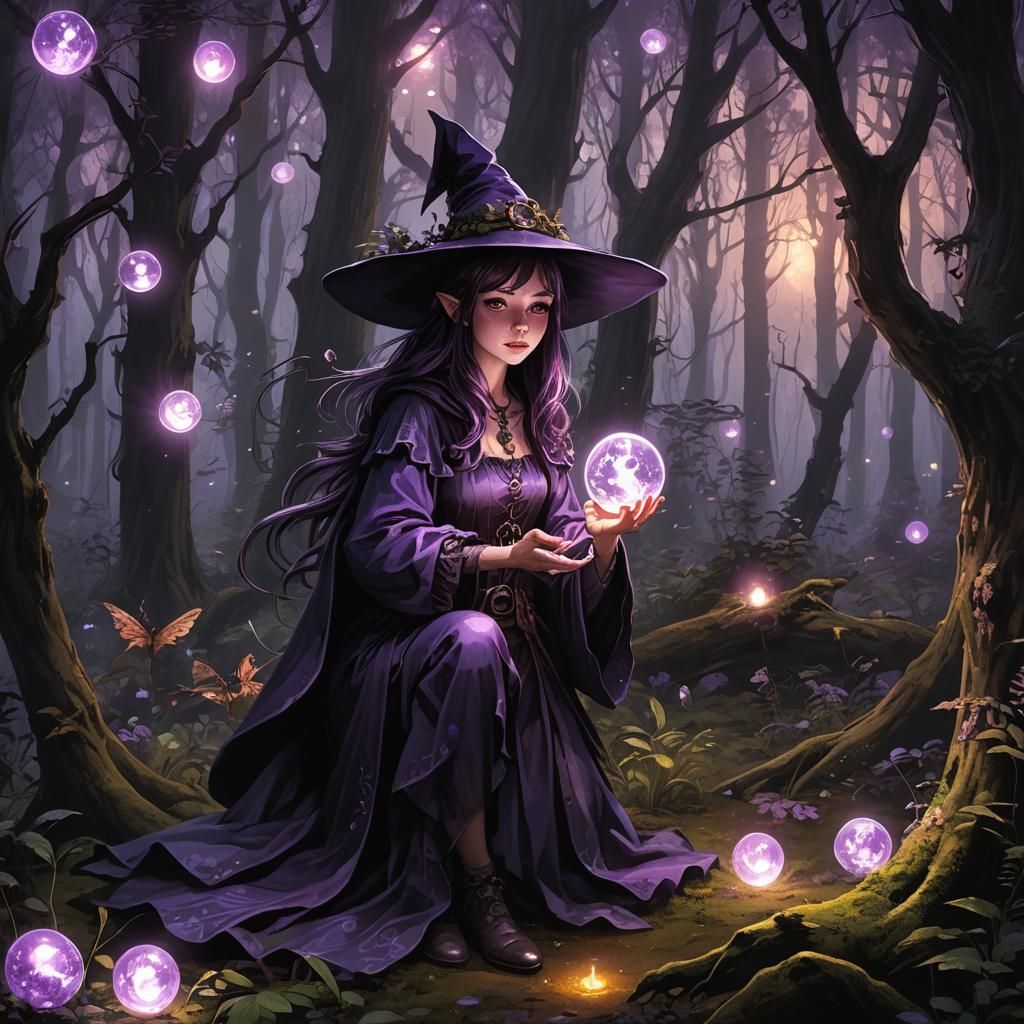 Young Witch Divination in Dark Forest, Digital Matte Paintin...