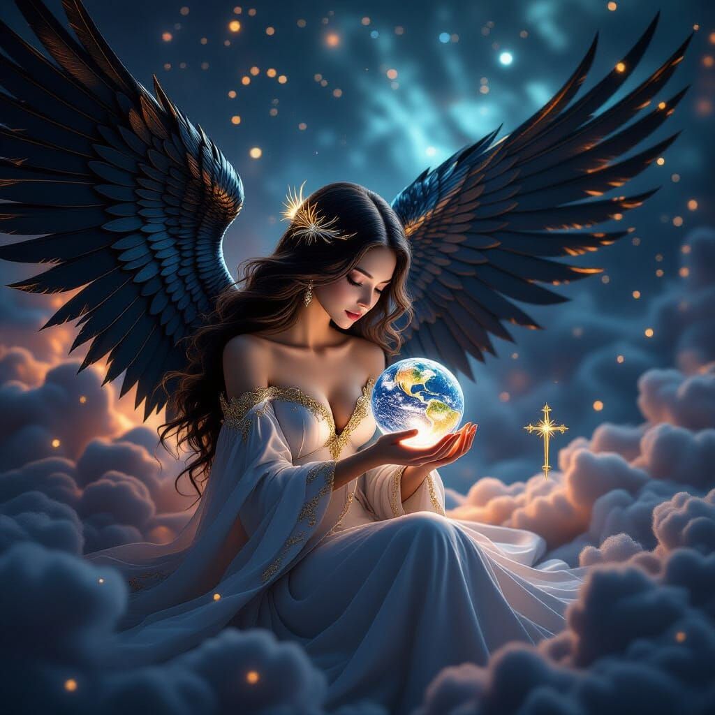 Ethereal Angel Cradles Planet in Cosmic Nebula