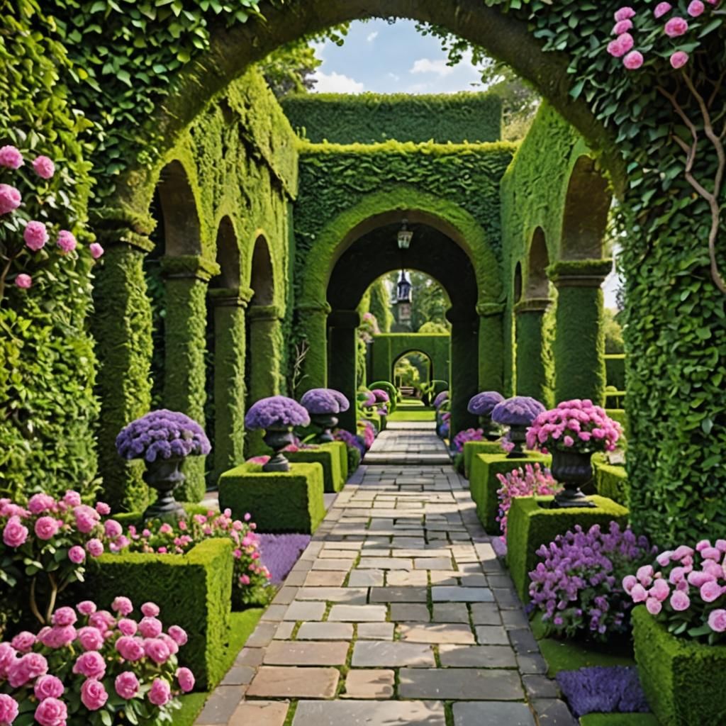 Symmetrical Garden Path with Topiary Arch