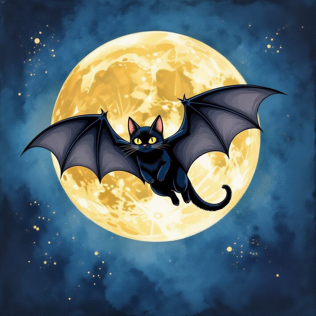 Winged Bat Cat Flying Before the Moon in Splatter Art