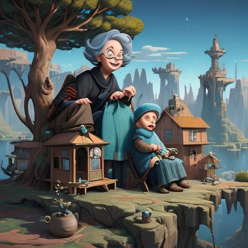 Cartoon Grandma Prankster in Detailed Matte Painting