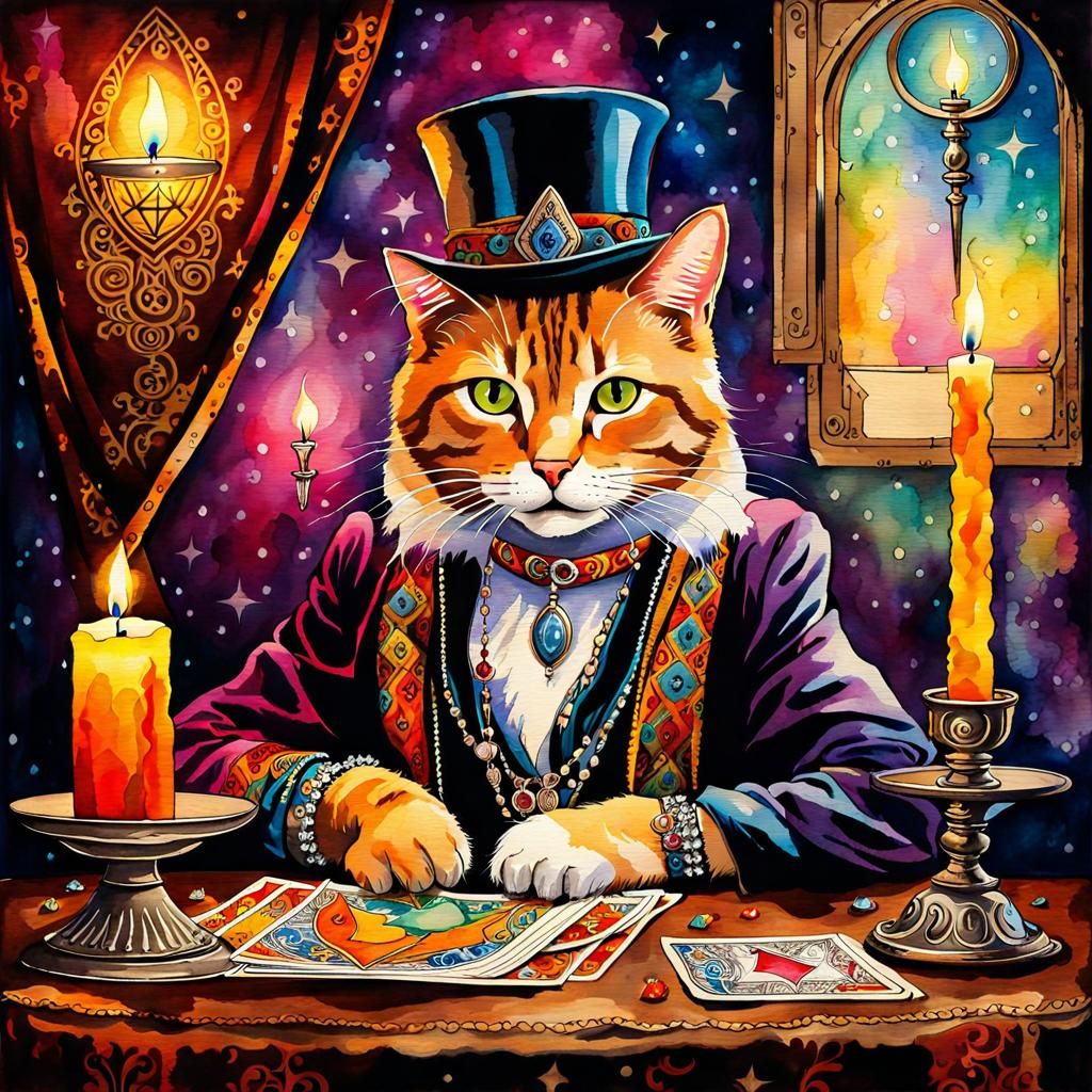 Anthropomorphic Cat Psychic in Watercolor Steampunk Style