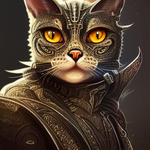 Fierce Armored Cat in Hyperdetailed Digital Painting