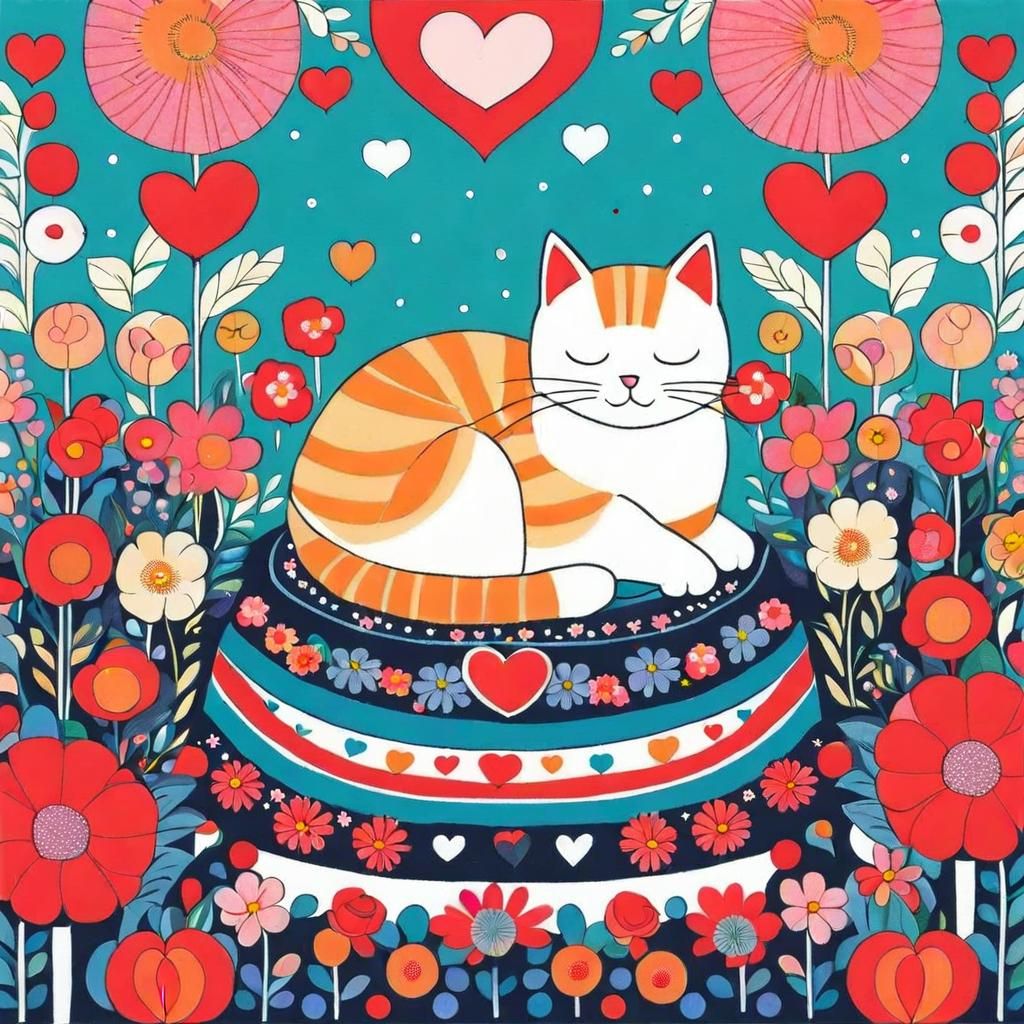 Cute Cat Surrounded by Flowers in Micro-Pop Art
