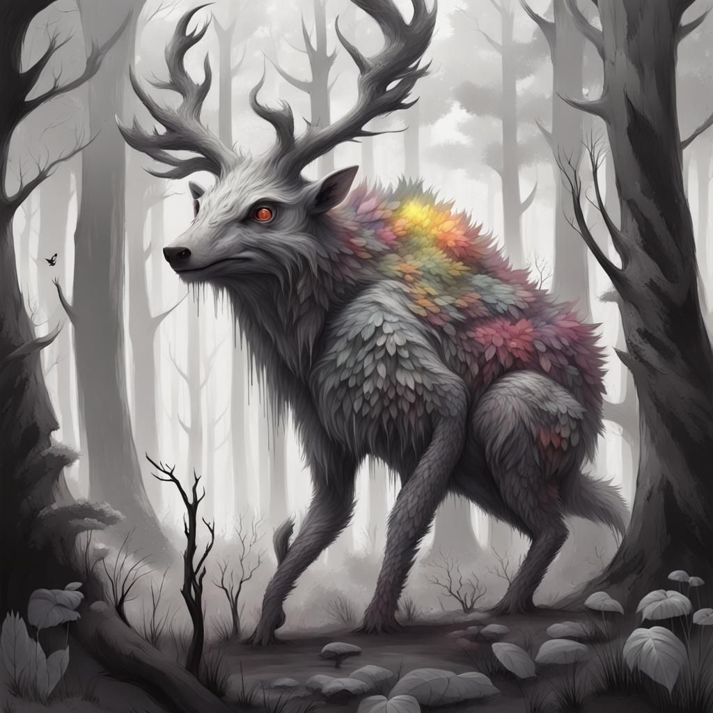 Colorful Creature in Greyscale Fantasy Forest