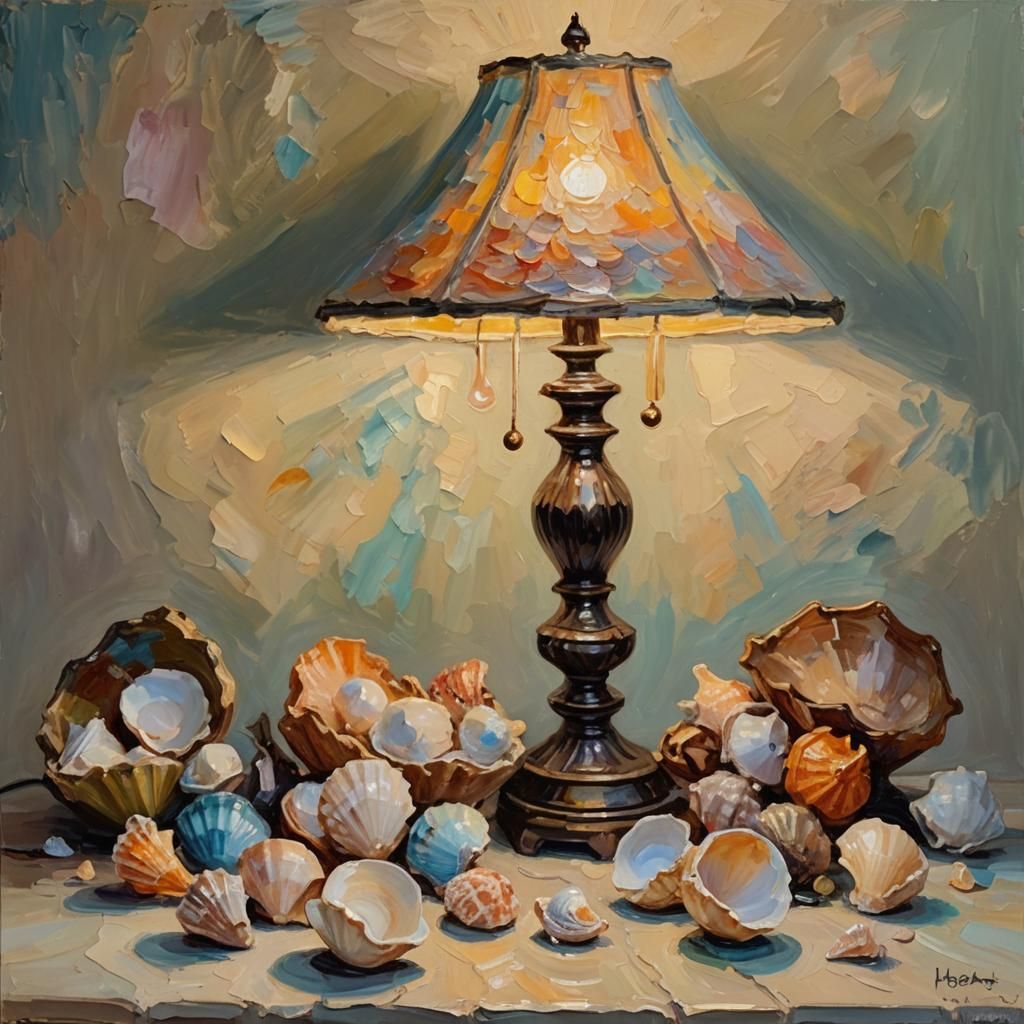 Seashell Lamp Glows in Neo-Impressionist Oil Painting