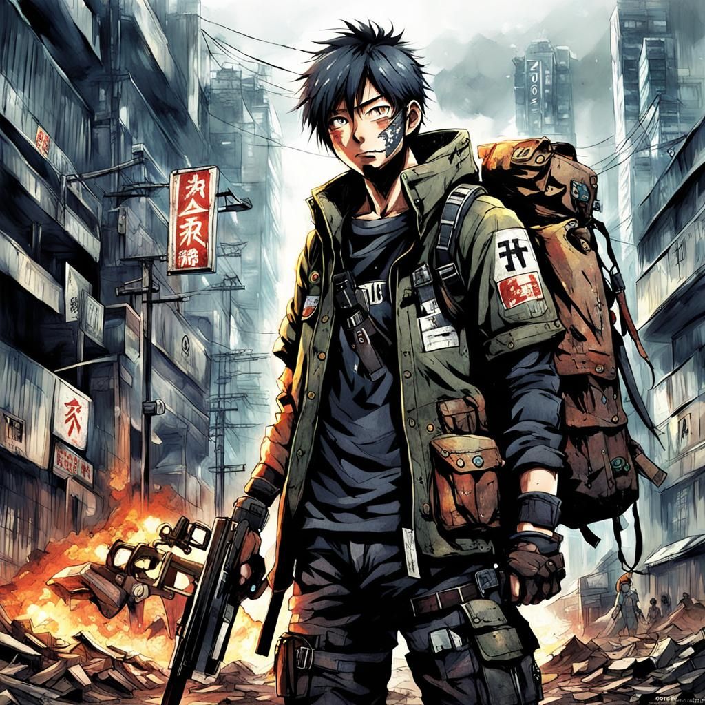 Post-Apocalyptic Tokyo Survivor in Anime Style