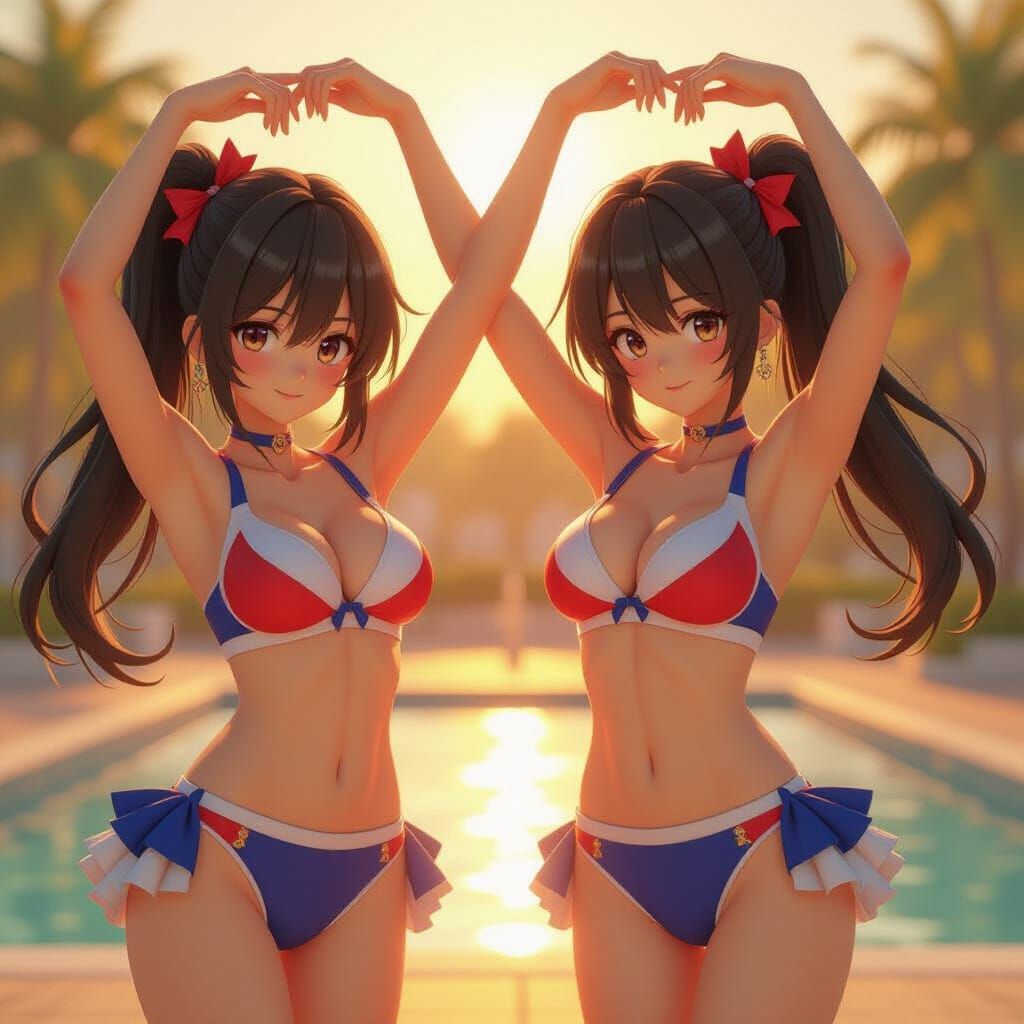 Anime Cheerleaders Performing Gymnastics in Swimsuits