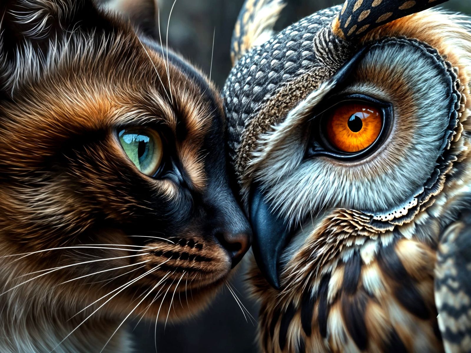 Intricate Cat and Owl Eyes Up Close in Matte Painting