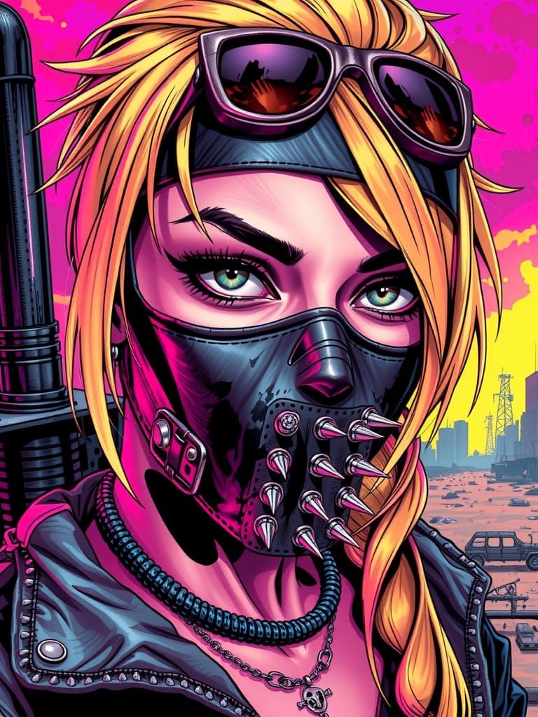 Punk Girl with Mask in Apocalyptic Comic Book Art