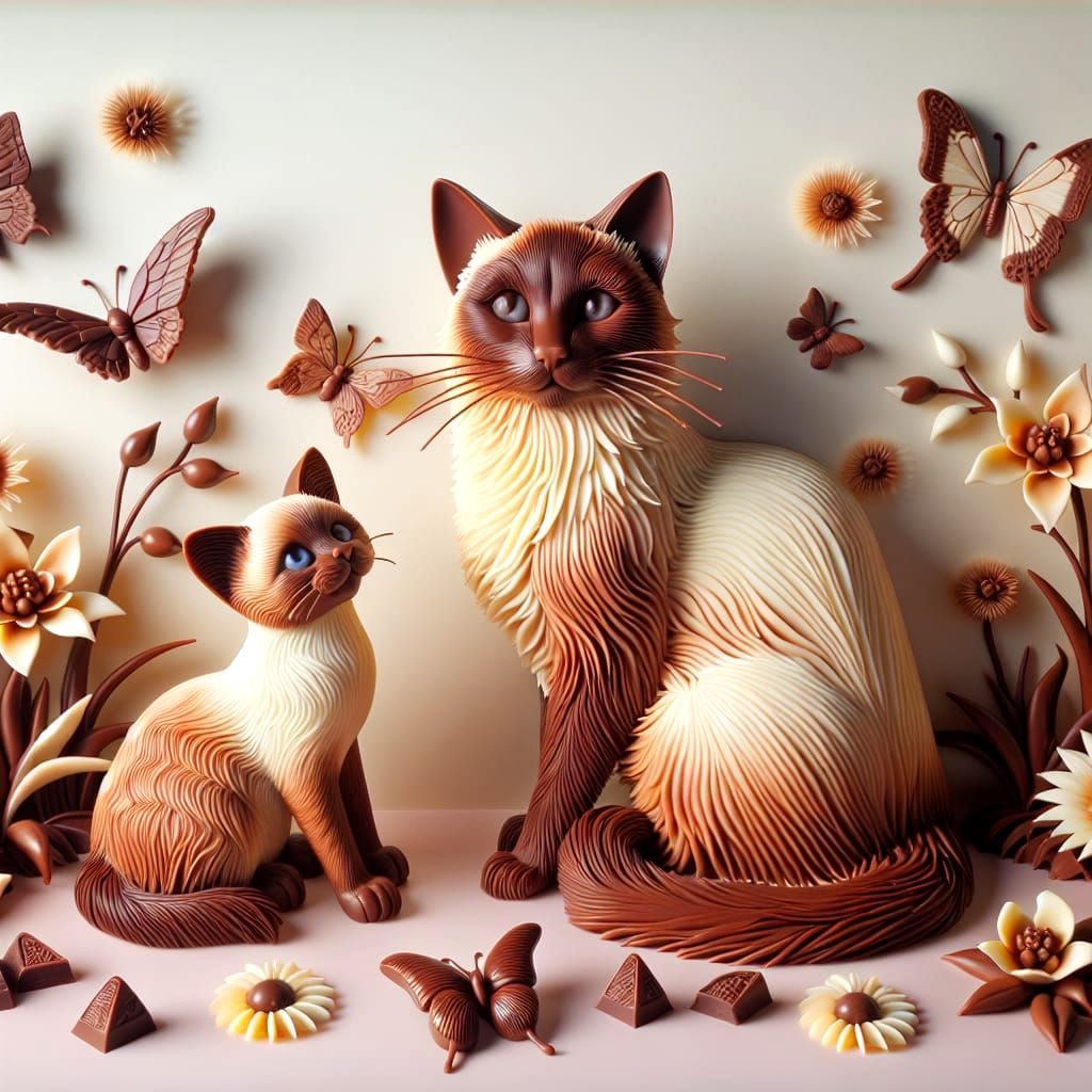 Chocolate Siamese Cat and Kitten Scene