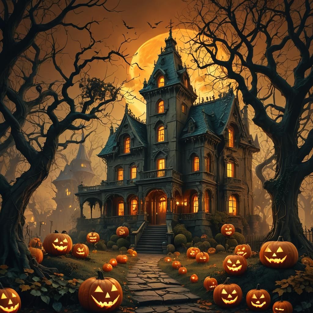 Haunted Mansion on Halloween Night, Dark Fantasy Art
