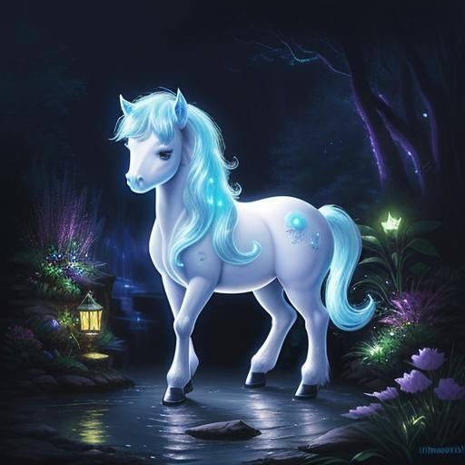 Bioluminescent Chibi Pony by Waterfall in Garden