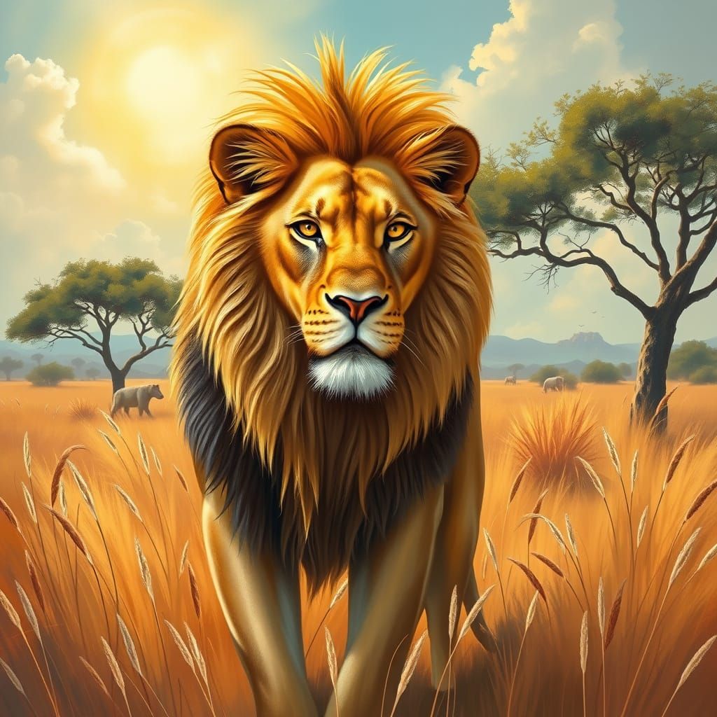 Golden Lion Roams Vibrant Savannah Landscape