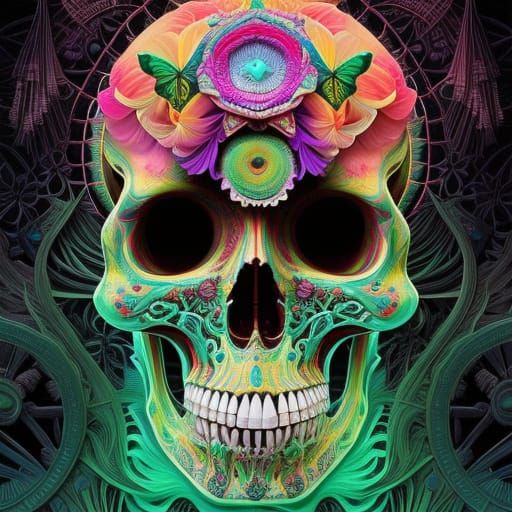 Neon Skull 3D Illustration in Maximalist Style