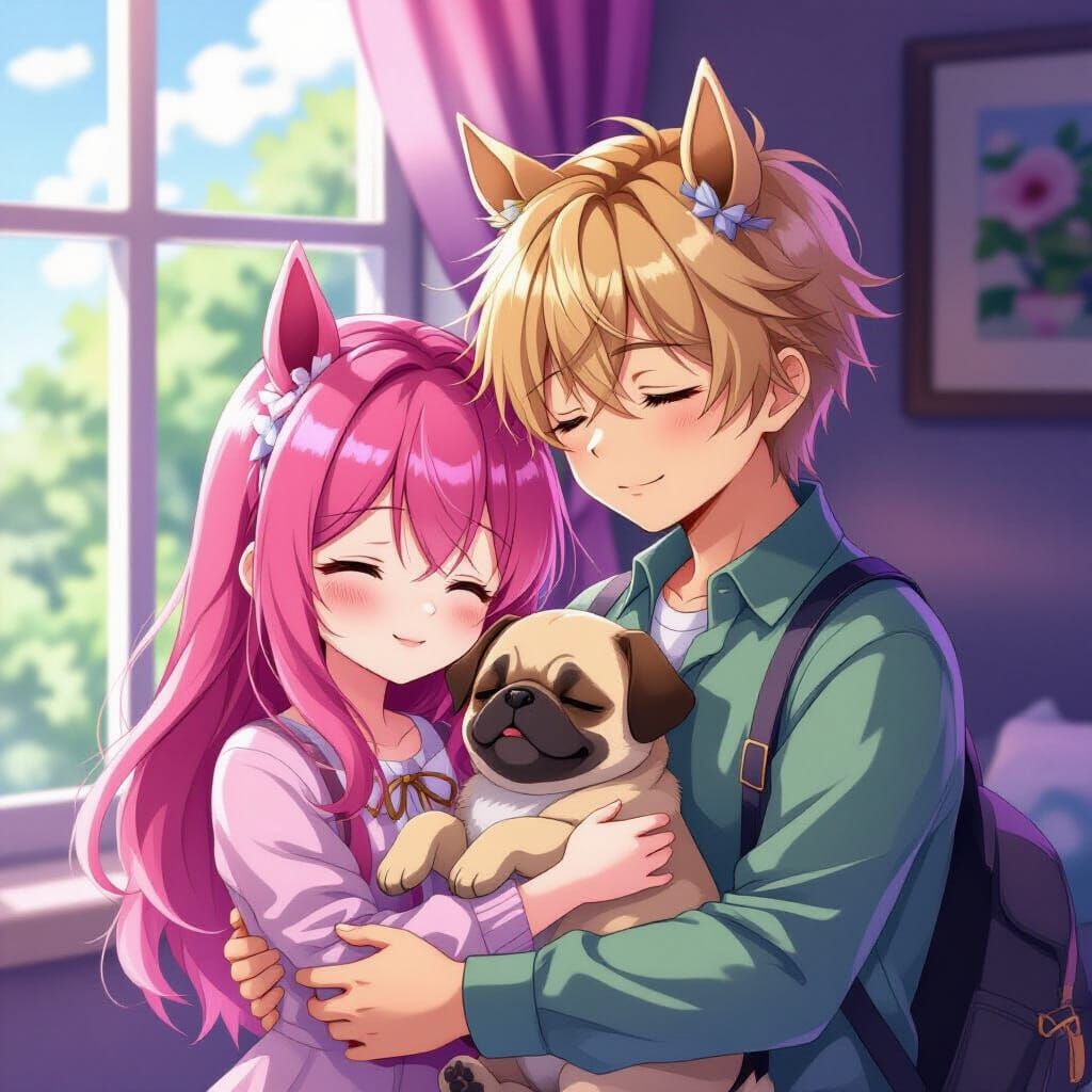 Cute Anime Couple with Pug Puppy in Violet Glow