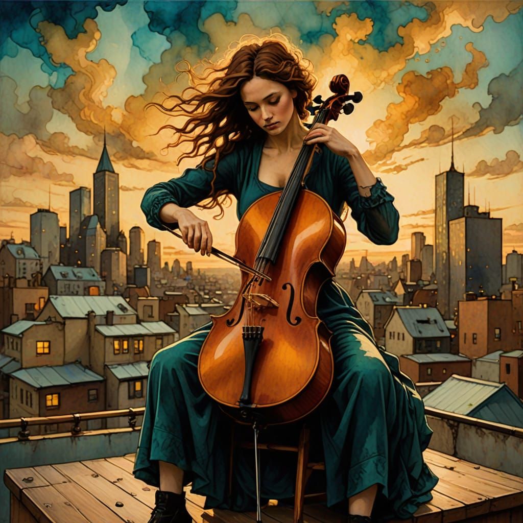 Vibrant Rooftop Cellist in Expressive Alcohol Ink Style