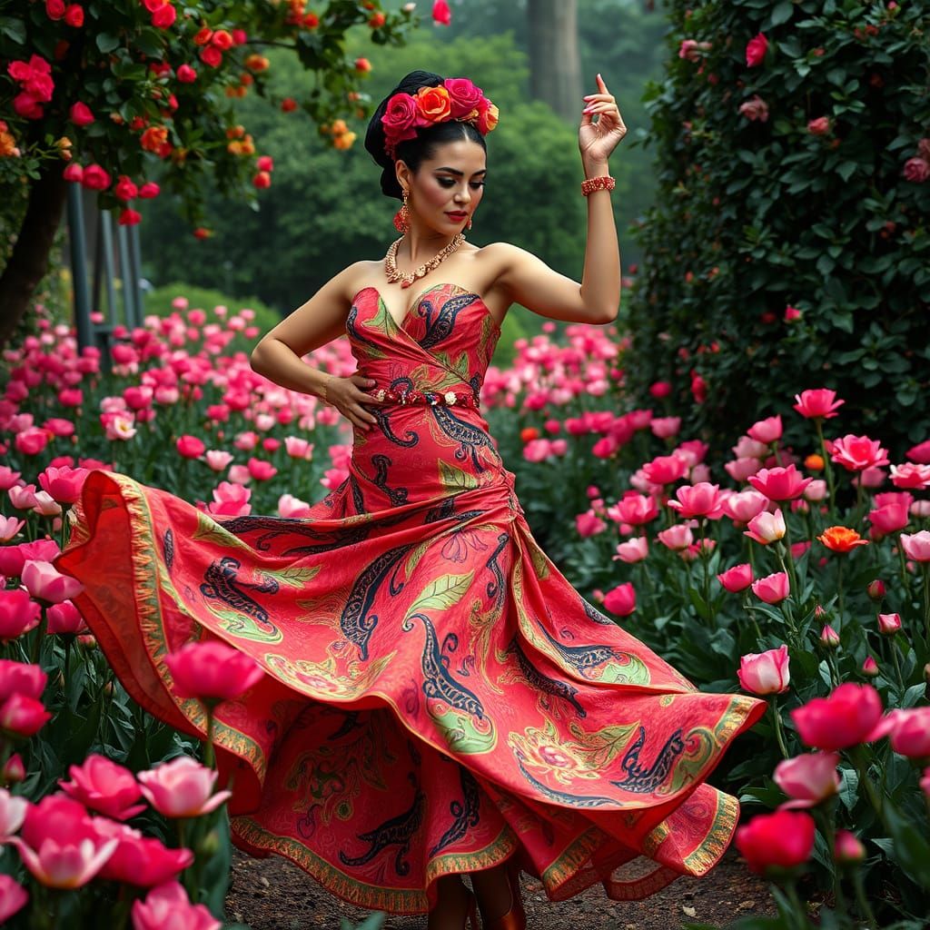 Powerful Diva Dancing in a Rose Garden, Surreal Art