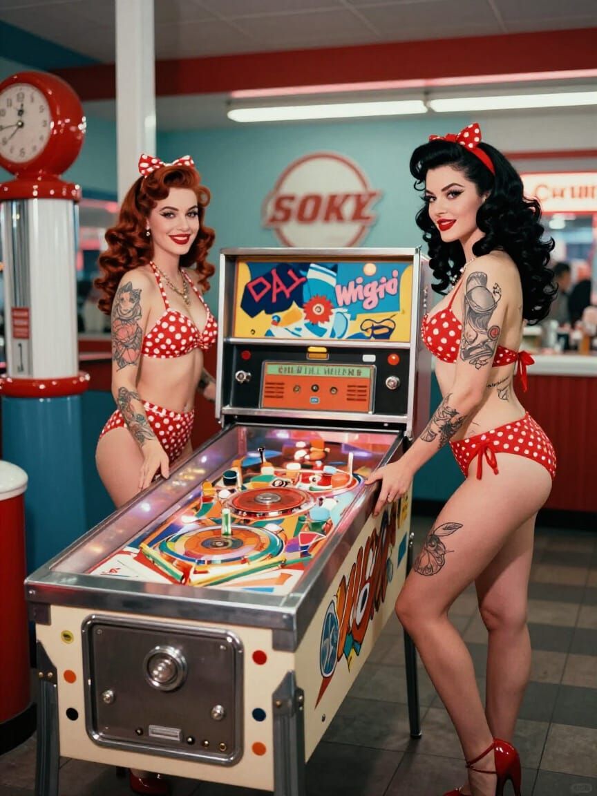 1950s Pin-Up Rockeuses Play Pinball