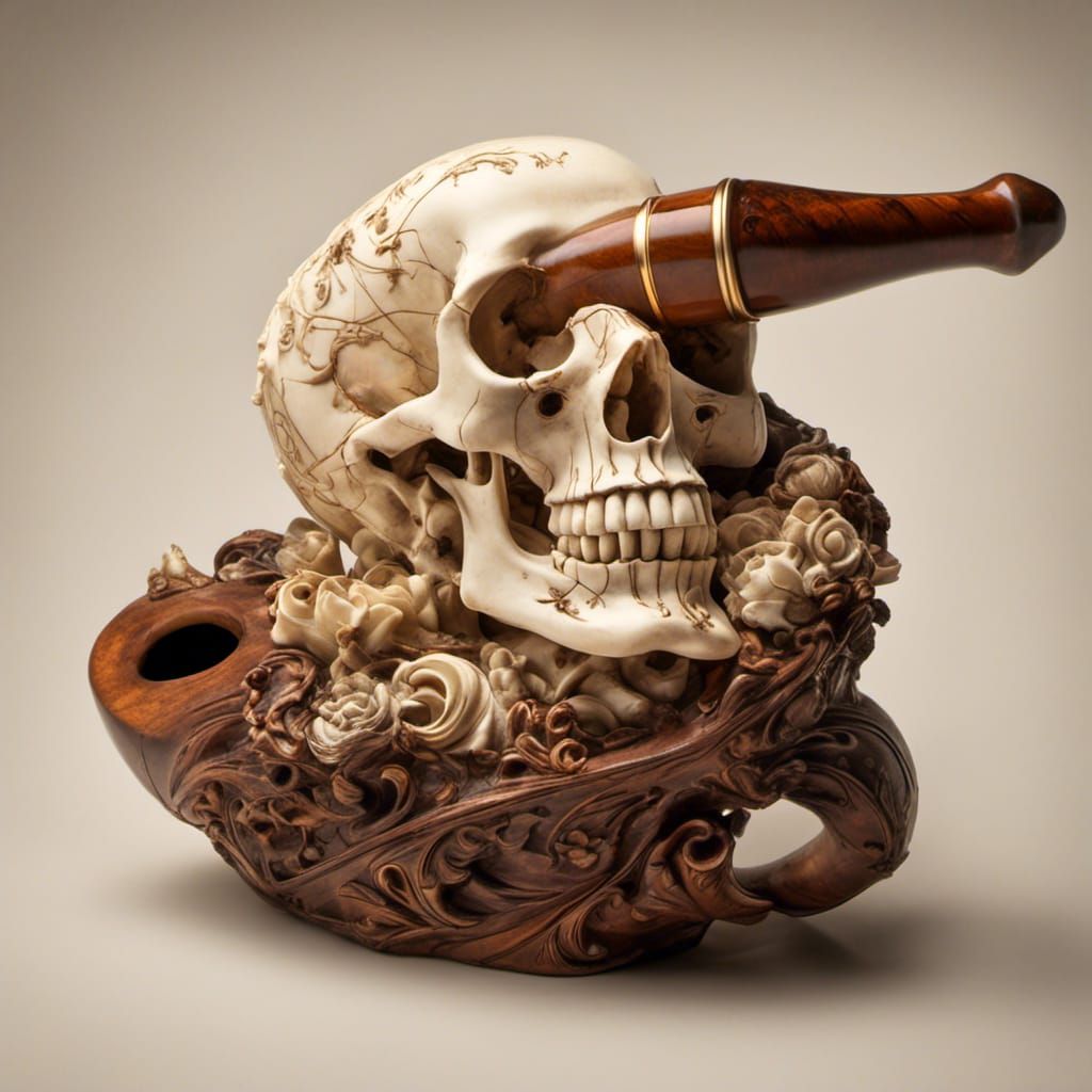A very old carved bone and wood pipe.  Bone, being a skull!