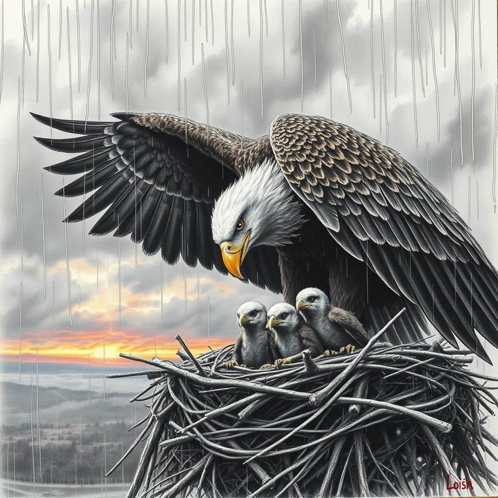 Eagle Protecting Eaglets From Storm, Charcoal Drawing