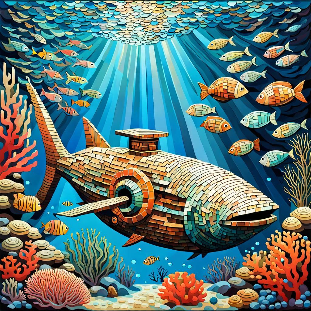 Underwater Mosaic Scene of Sunken Ship in Cubist Style