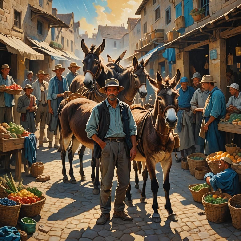 Man and Donkey in Sun-Drenched Market, Oil Painting
