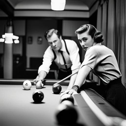 1950s Couple Playing Pool in Monochrome