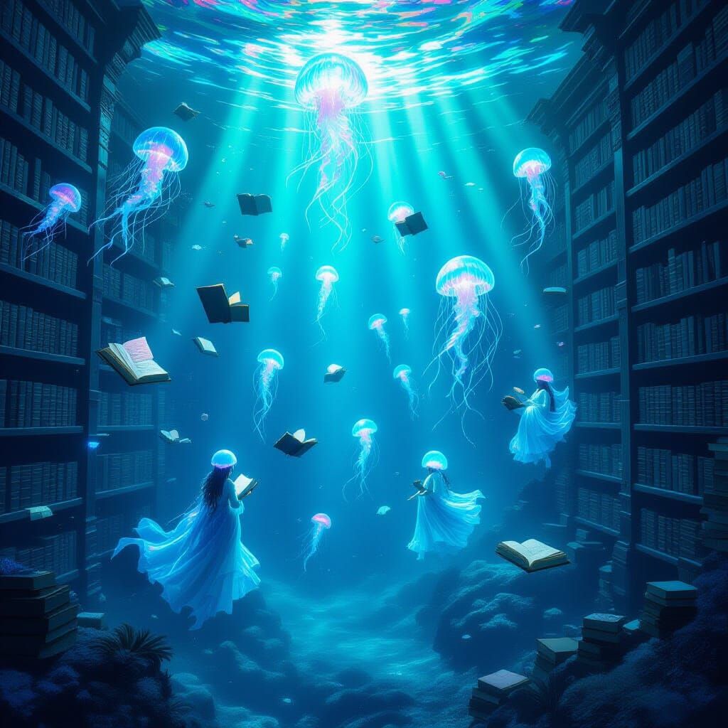 Submerged Mythic Library with Bioluminescent Books