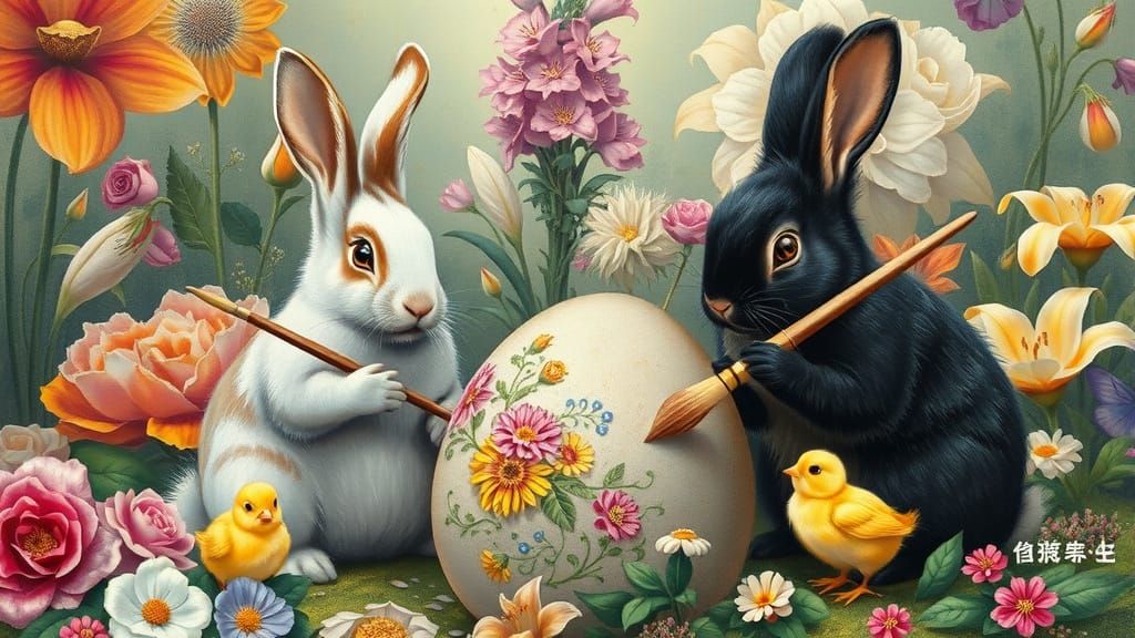 Rabbits Painting Easter Eggs in Fairy Tale Landscape
