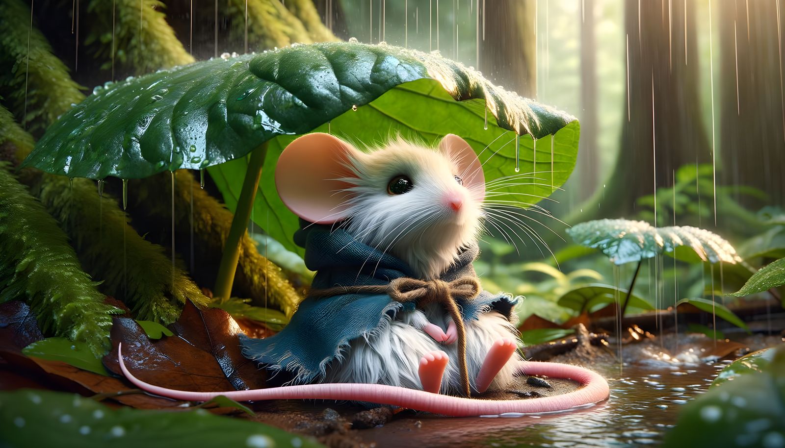 Mouse Under Leafy Canopy in Gentle Rain
