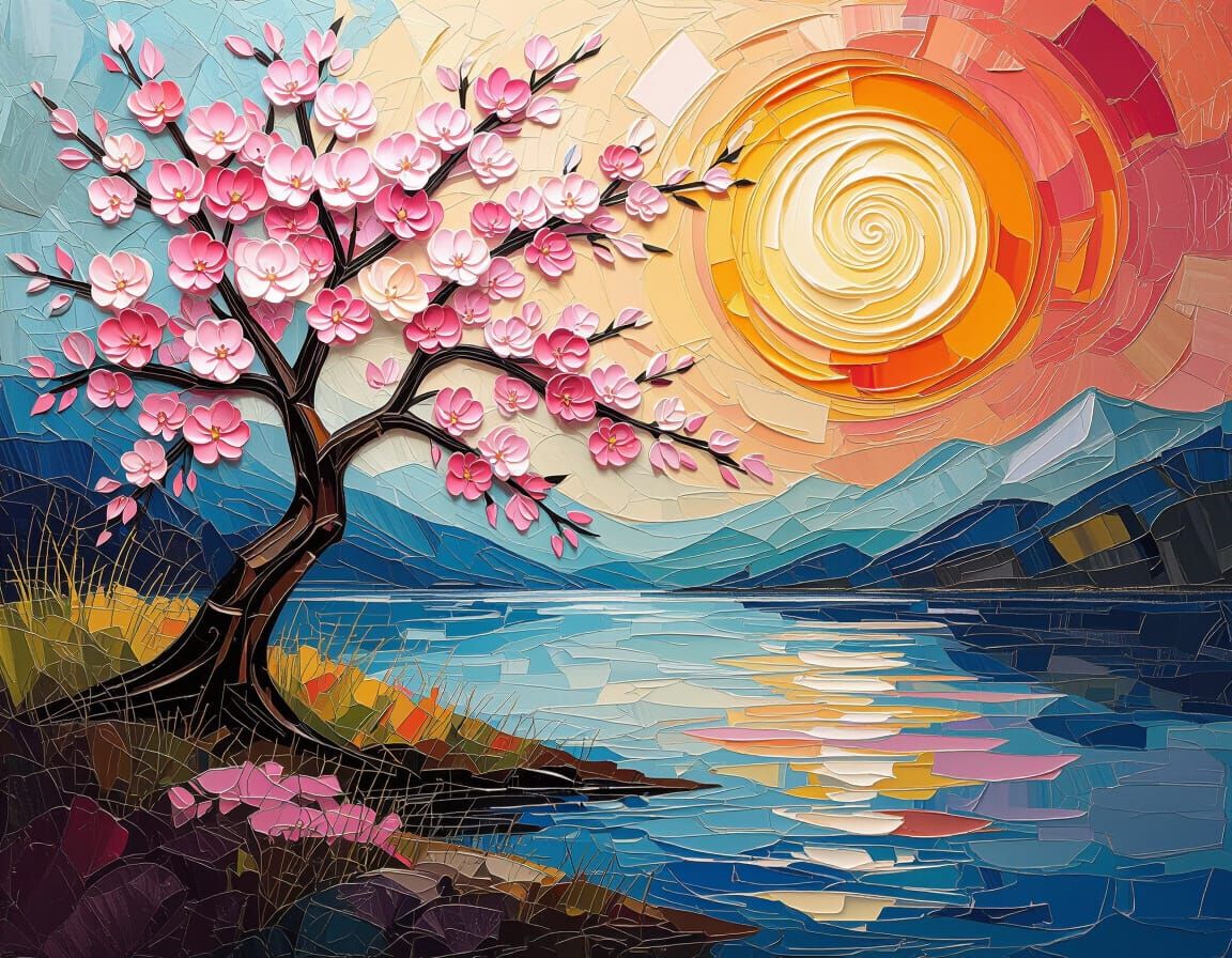 Surreal Spring Lake with Sakura Blossoms in Impasto Style