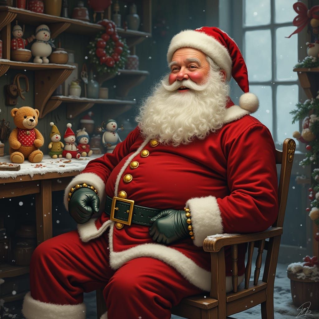 Jolly Santa Claus in a Cozy Snowy Workshop