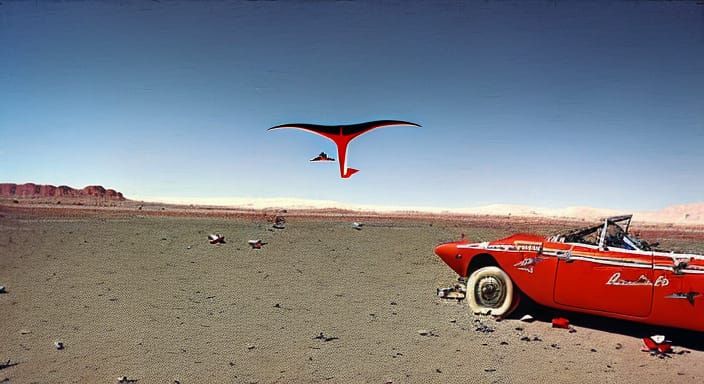 Hunter S. Thompson in nevada desert near Barstow, red convertible car, bats in the sky, Doctor Gonzo Raoul Duke