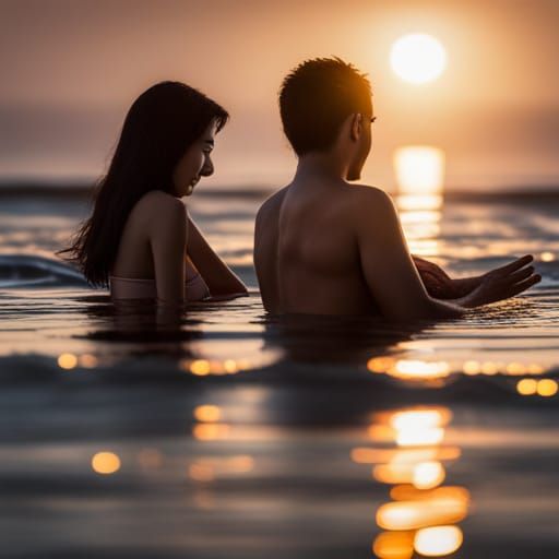 Asian Couple Swimming in Ocean at Sunset